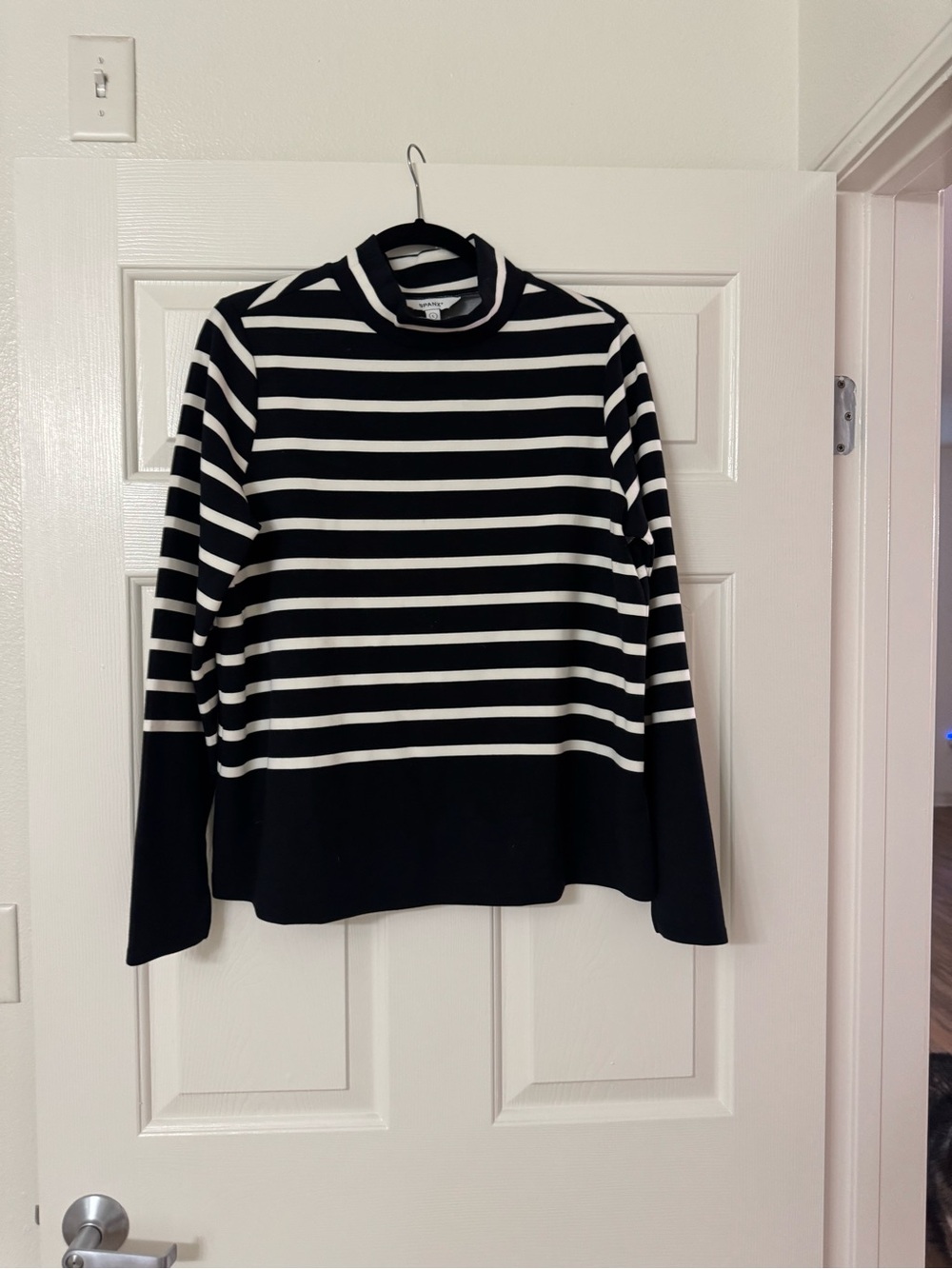SPANX Black and White Striped Turtleneck Top